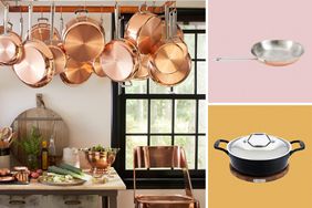 lifestyle pots and pans and two separate pans on colored backgrounds