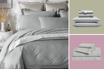 lifestyle of sheets on bed and two product shots of sheet sets