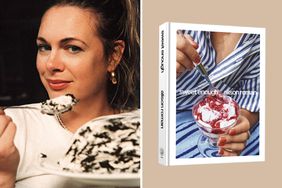Composite of Alison Roman and her cookbook Sweet Enough