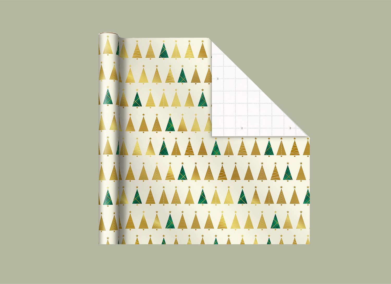 green christmas tree wrapping paper on a green background