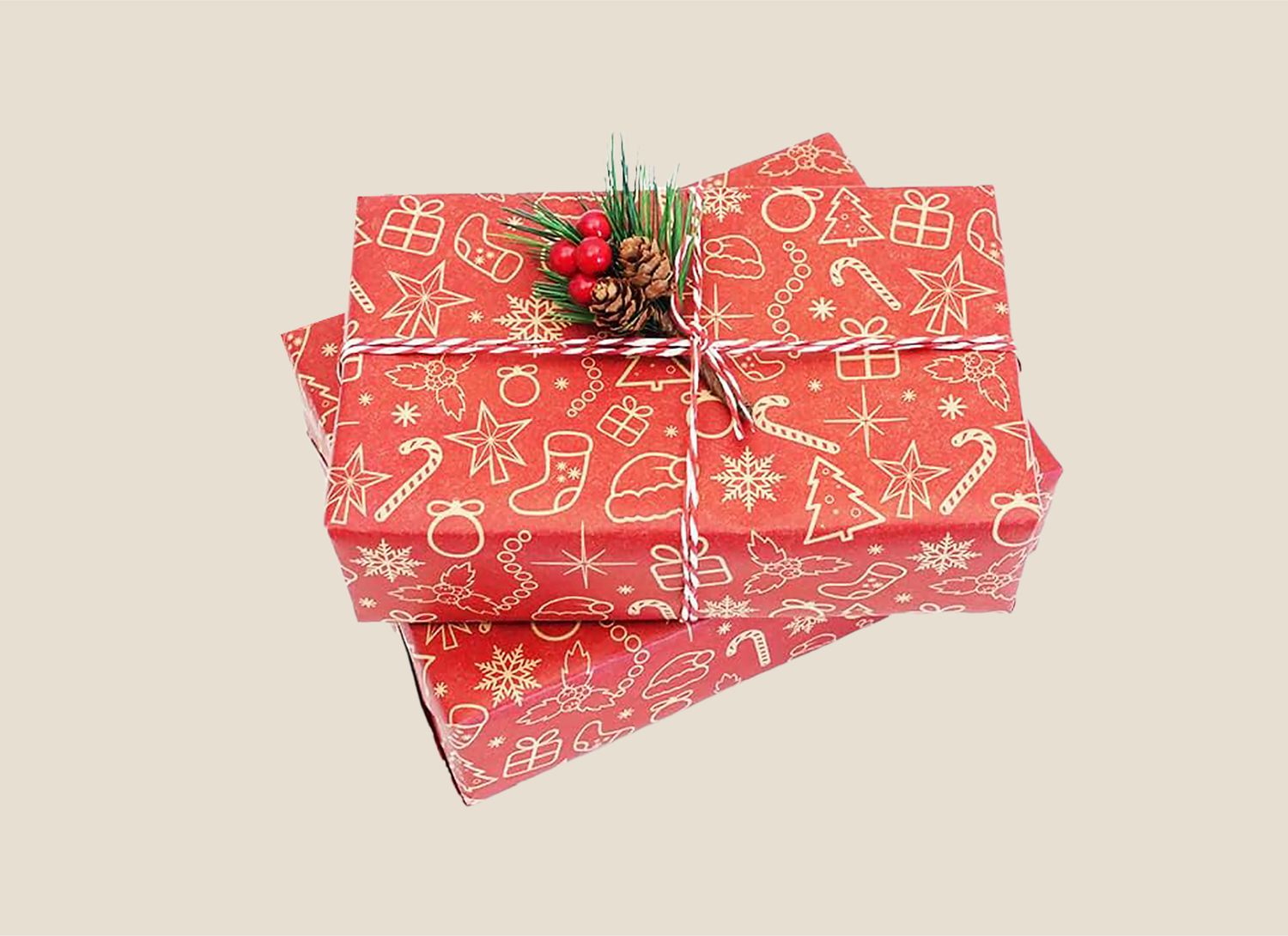 red wrapped holiday gift on beige