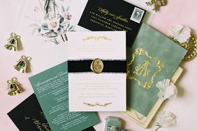 black, green, and white wedding invitation suite