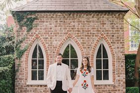beverly steve wedding couple standing in front of garden house