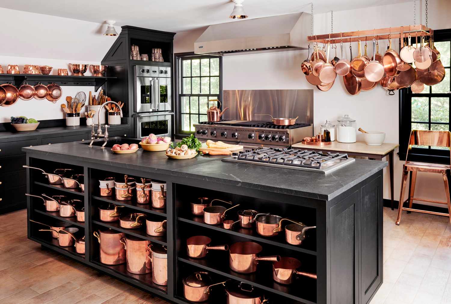 black, white, and copper kitchen
