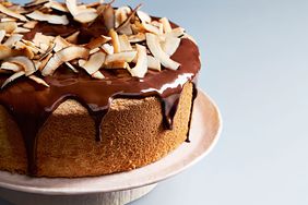 coconut chiffon cake with chocolate frosting
