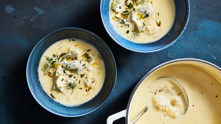 fish-soup avgolemono served with fresh herbs