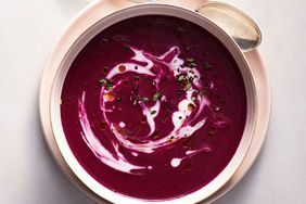 gingery beet soup in ceramic bowl