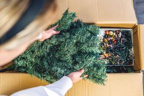 Holiday storage image of woman packing christmas tree