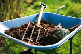 wheelbarrow with soil and fertilizer for garden