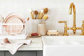 kitchen sink with gold faucet