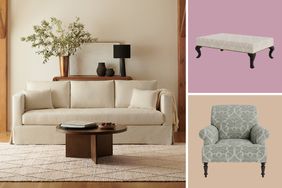 composite of lifestyle sofa ottoman and chair on colored backgrounds
