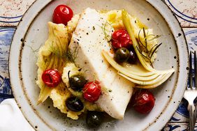 Oil-Poached Halibut with Fennel, Tomatoes, and Olives with mashed potatoes