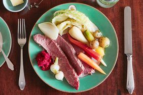 quick brined corned beef and vegetables served on green plate