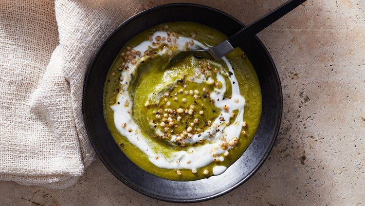 spinach split-pea soup with barley topped with yogurt